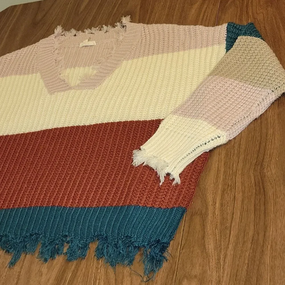 Entro Color Block Oversized Cropprd Fringe Sweatee sz Large - Picture 2 of 5
